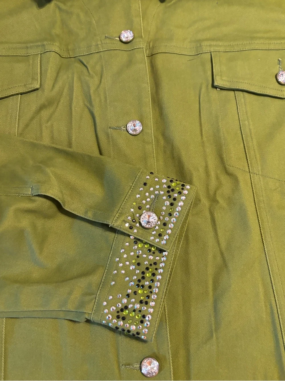 Quacker Factory Women’s 3X Olive Green Rhinestone Button Front Jacket NWT